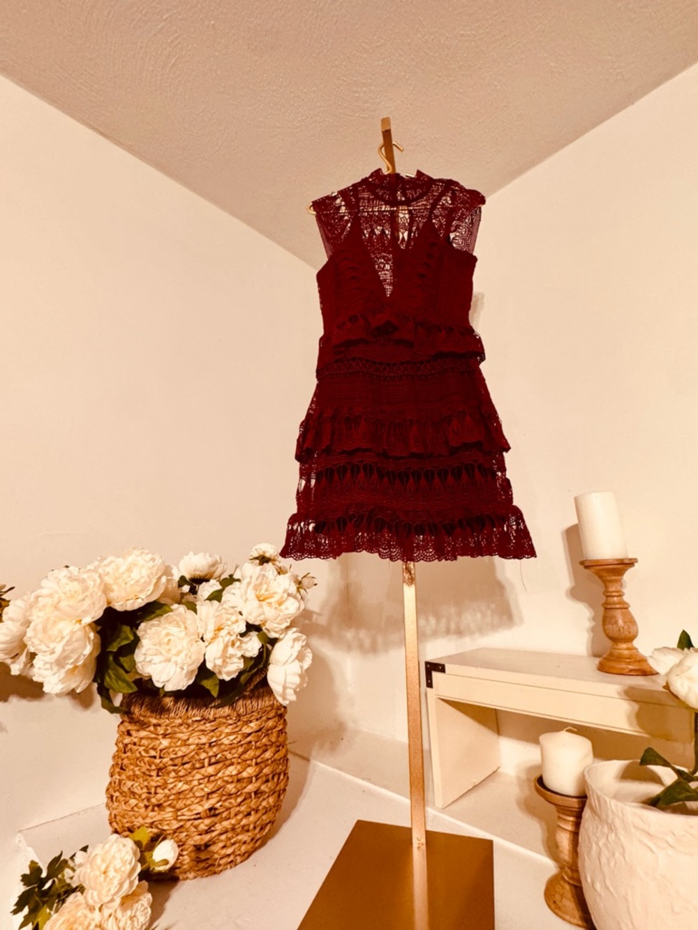 Self-Portrait Burgundy Lace Tiered Mini Dress - Picture 3 of 9